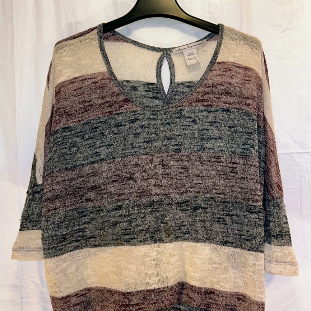 American Rag Cie Striped Keyhole Back 3/4 Sleeve Lightweight Knit Sweater Top Lg